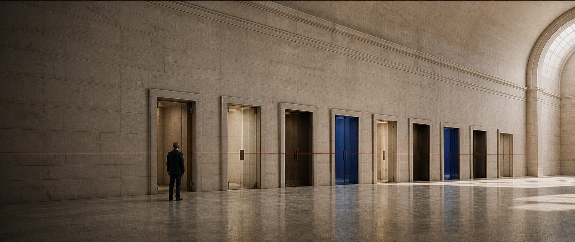 A person before an architectural sequence of nine controlled access points
