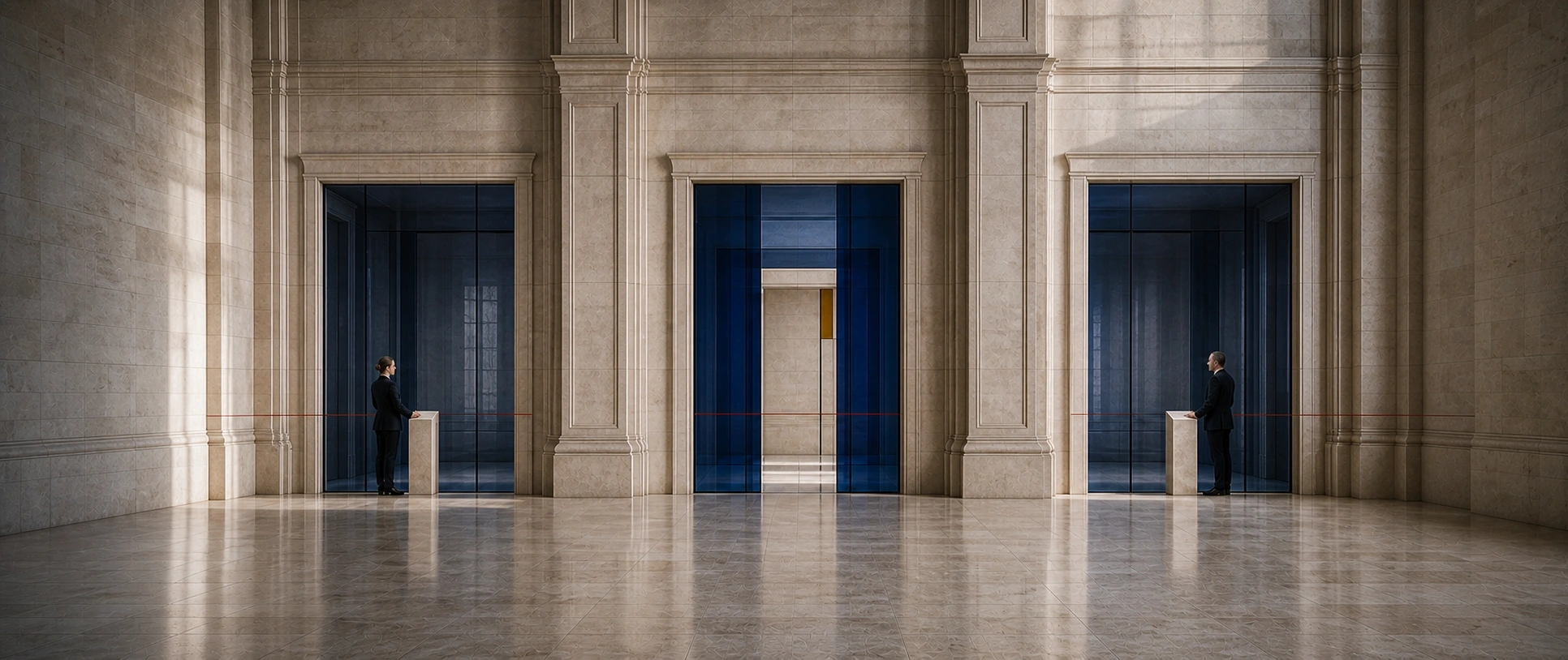 Two independent reviewers positioned at a symmetrical approval gate