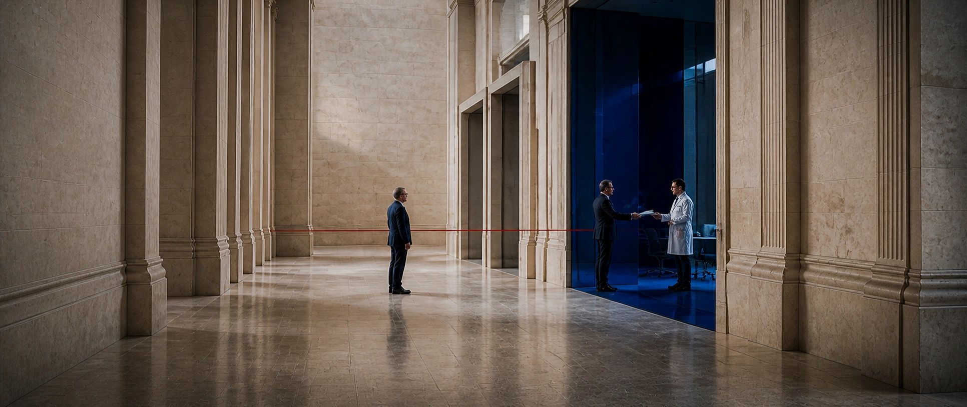 A Principal observing a formal handover to a physician in a separate medical space