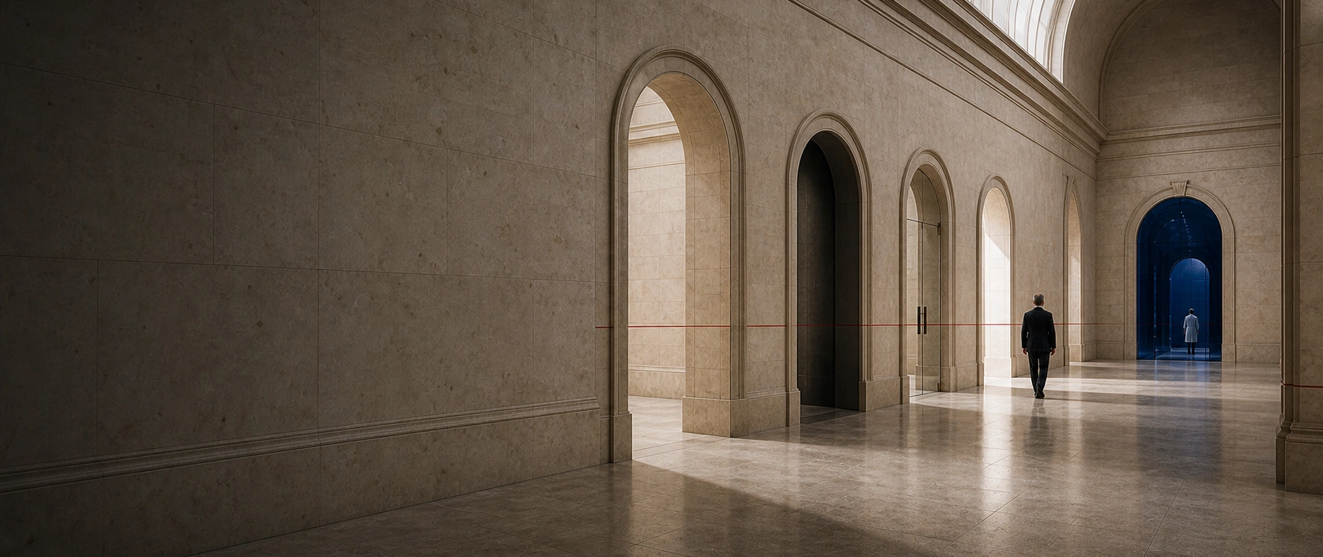 A Principal moving through a sequence of monumental decision spaces towards a medical destination