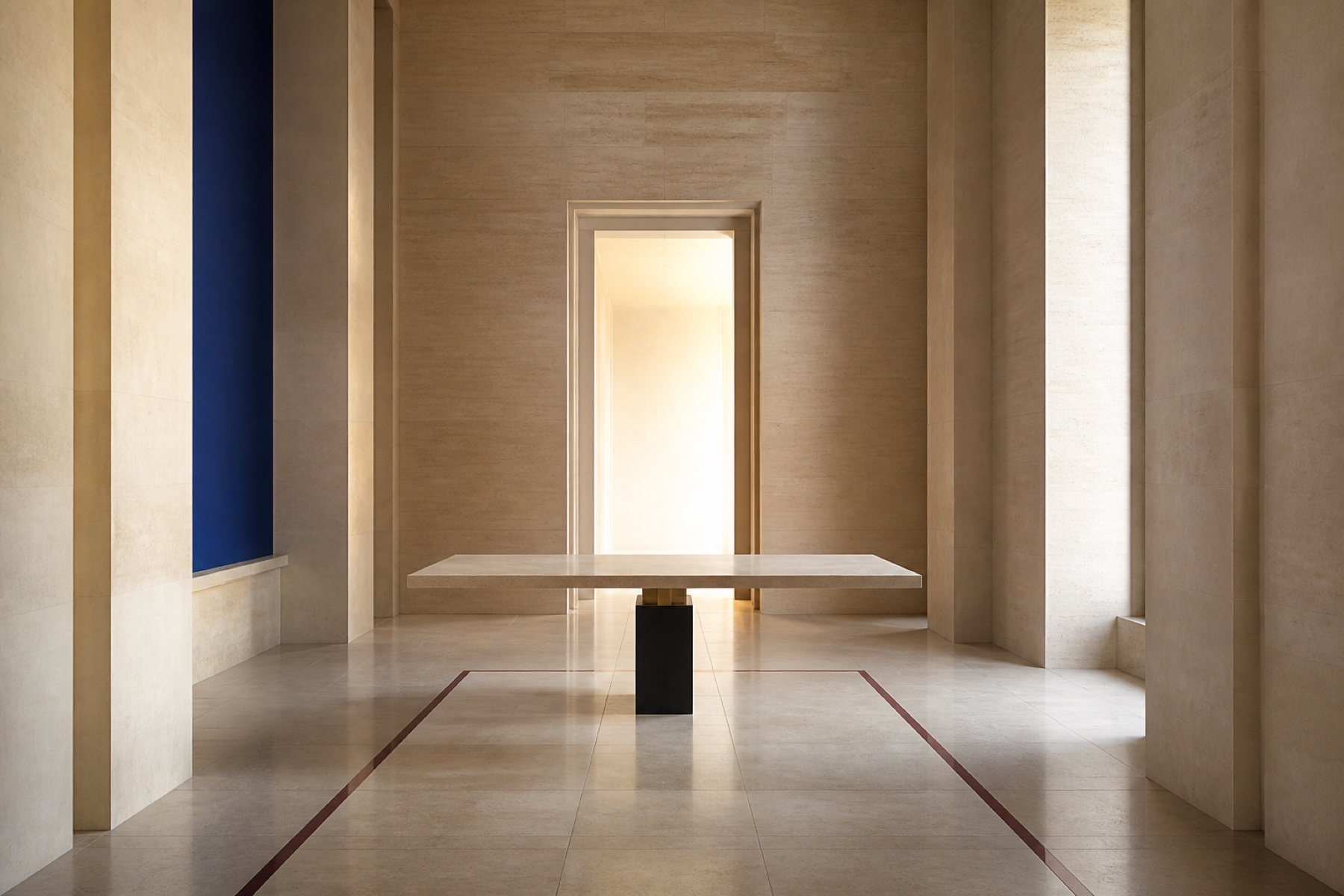 An empty decision room with a central review table and an open path of light